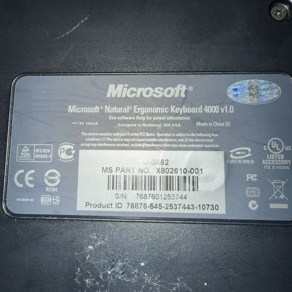 Microsoft Natural Ergonomic 4000 USB Wired Keyboard Tested Works Perfectly Clean